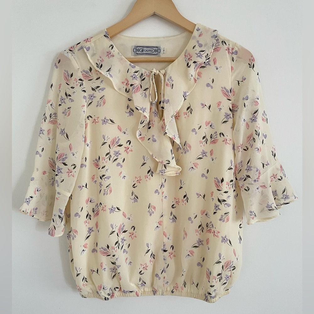 Cream Blouse with Flutter Sleeves and Peter Pan Collar